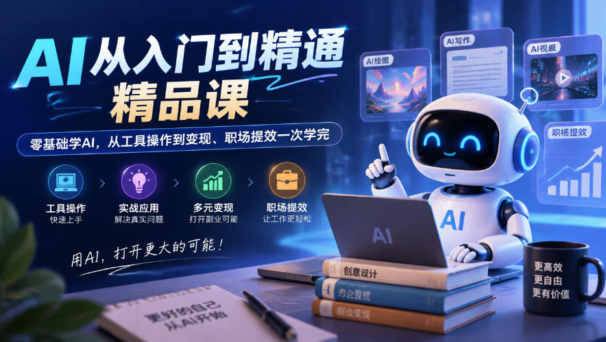 5c130fdcbe034edc8afee32673bbe153.jpeg AI从入门到精通精品课,零基础学AI,从工具操作到变现、职场提效一次学完