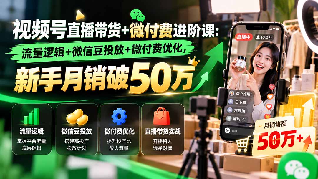 6053e8d60605f376ede34c34c476583d.jpeg 视频号直播带货+微付费进阶课-更新1010:流量逻辑+微信豆投放+微付费优化,新手月销破50万