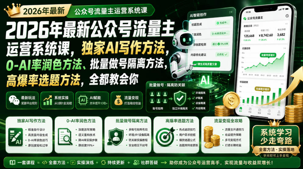2026年最新公众号流量主运营系统课，独家AI写作方法，0-AI率润色方法、批量做号隔离方法、高爆率选题方法，全都教会你(更新1009)网赚项目-副业赚钱-互联网创业-资源整合老八网赚资源