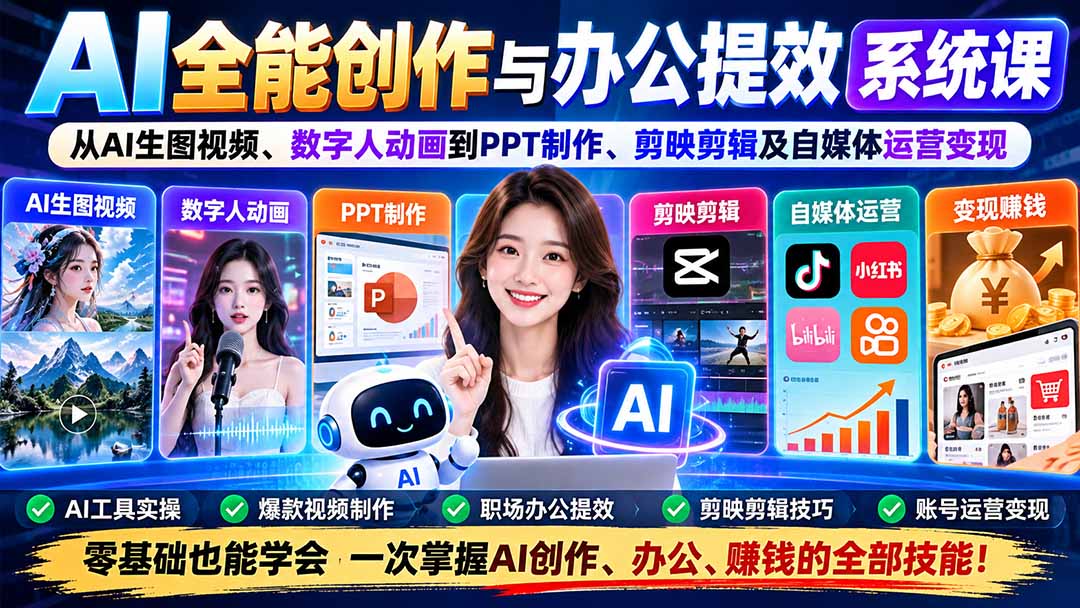 AI全能创作与办公提效系统课：从AI生图视频、数字人动画到PPT制作、剪映剪辑及自媒体运营变现网赚项目-副业赚钱-互联网创业-资源整合老八网赚资源