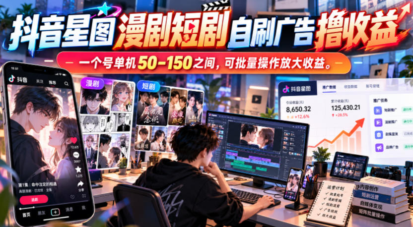 抖音星图漫剧短剧自刷广告撸收益，一个号单机50-150之间，可批量操作放大收益网赚项目-副业赚钱-互联网创业-资源整合老八网赚资源