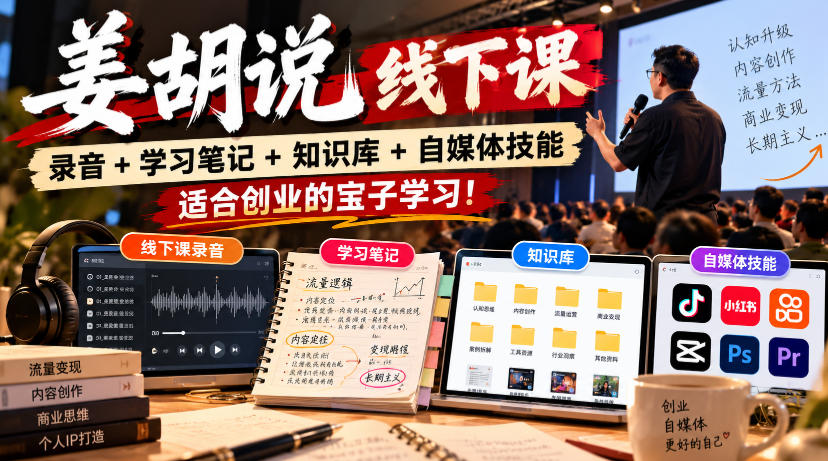 姜胡说线下课录音＋学习笔记＋知识库＋自媒体技能，​适合创业的宝子学习！网赚项目-副业赚钱-互联网创业-资源整合老八网赚资源