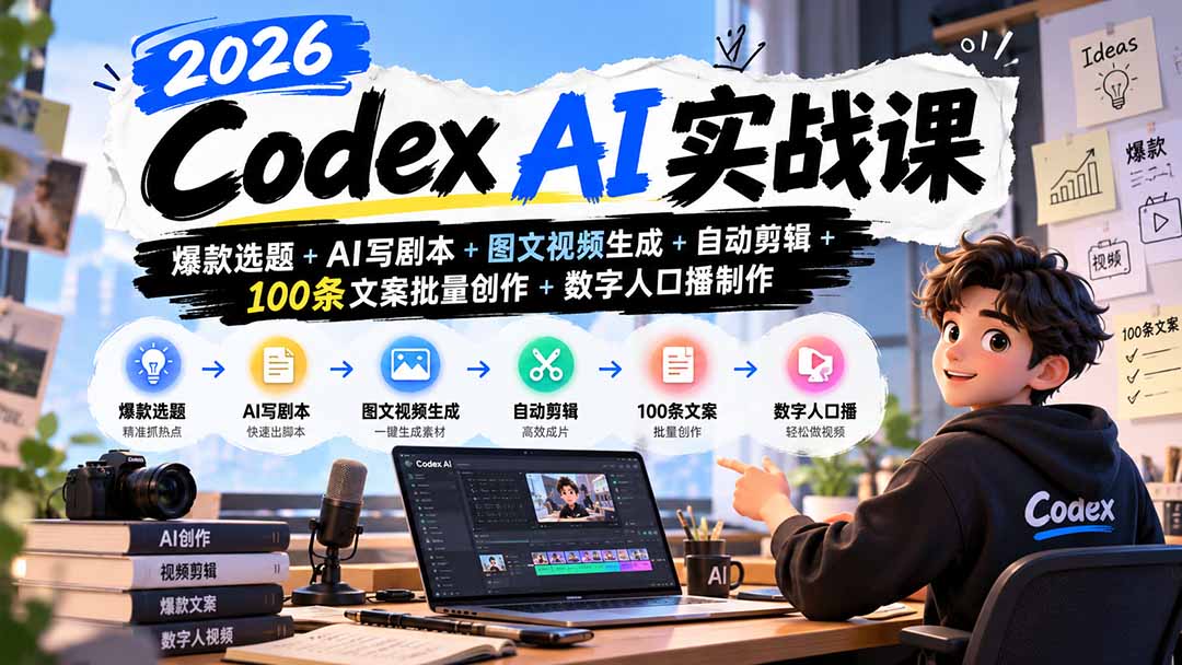 2026Codex AI实战课：爆款选题+AI写剧本+图文视频生成+自动剪辑+100条文案批量创作+数字人口播制作网赚项目-副业赚钱-互联网创业-资源整合老八网赚资源