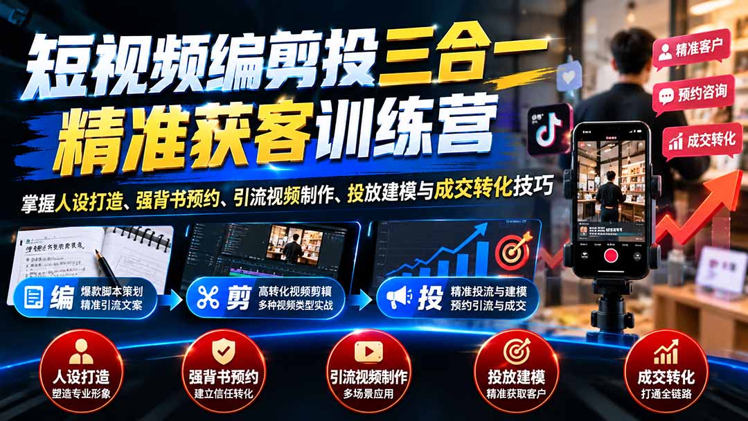 短视频编剪投三合一精准获客训练营：掌握人设打造、强背书预约、引流视频制作、投放建模与成交转化技巧网赚项目-副业赚钱-互联网创业-资源整合老八网赚资源