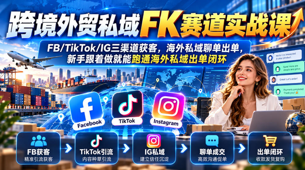 跨境外贸私域FK赛道实战课｜FB/TikTok/IG三渠道获客，海外私域聊单出单，新手跟着做就能跑通海外私域出单闭环网赚项目-副业赚钱-互联网创业-资源整合老八网赚资源