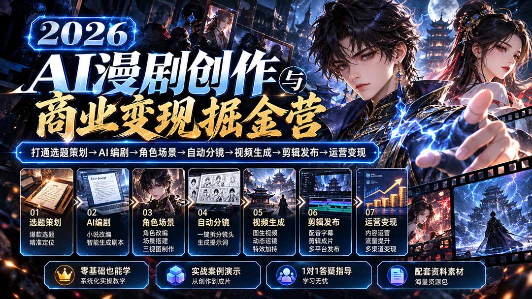 【无水印】2026AI漫剧创作与商业变现掘金营：打通选题→AI编剧→角色场景→自动分镜→视频生成→剪辑发布→运营变现网赚项目-副业赚钱-互联网创业-资源整合老八网赚资源