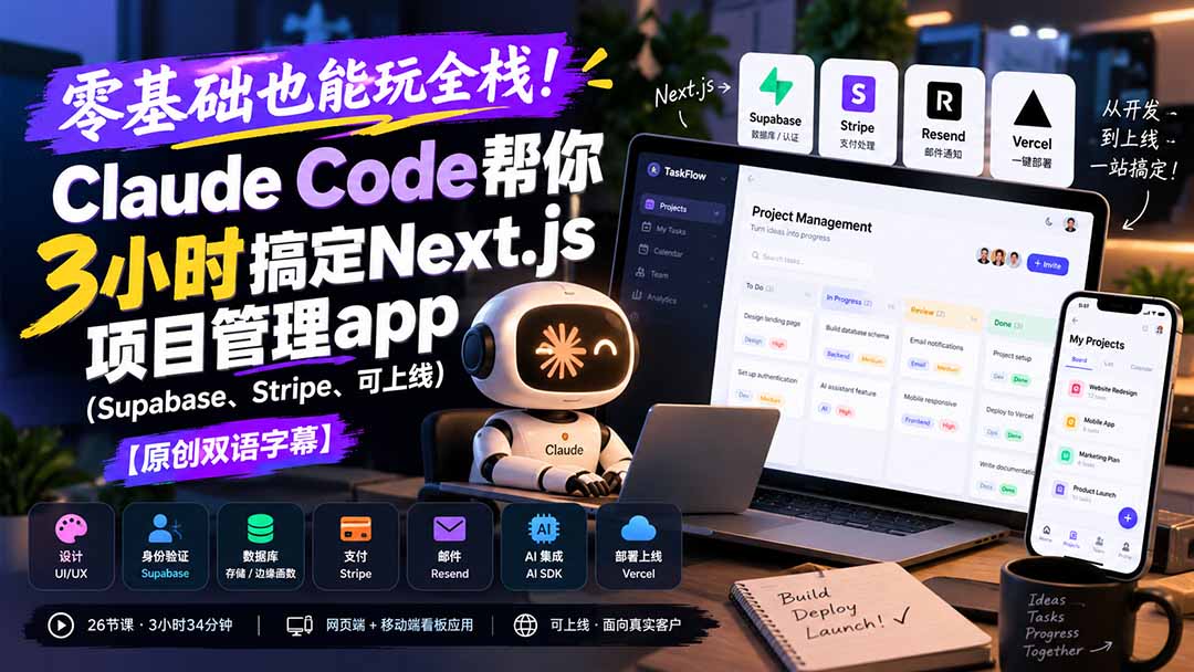 零基础也能玩全栈！Claude Code帮你3小时搞定Next.js项目管理app(Supabase、Stripe、可上线网赚项目-副业赚钱-互联网创业-资源整合老八网赚资源