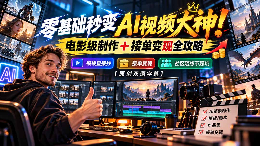 77b05a7f143b0bc990f8646f8d0b4eaf.jpeg 零基础秒变AI视频大神!电影级制作 + 接单变现全攻略,模板直接抄,社区陪练不踩坑【原创双语字幕】