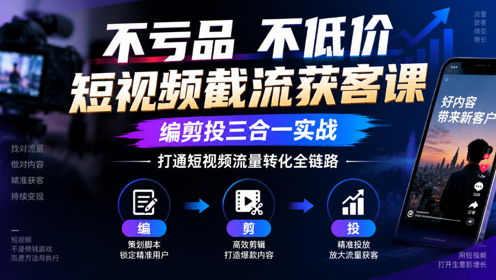 不亏品不低价短视频截流获客课，编剪投三合一实战，打通短视频流量转化全链路网赚项目-副业赚钱-互联网创业-资源整合老八网赚资源
