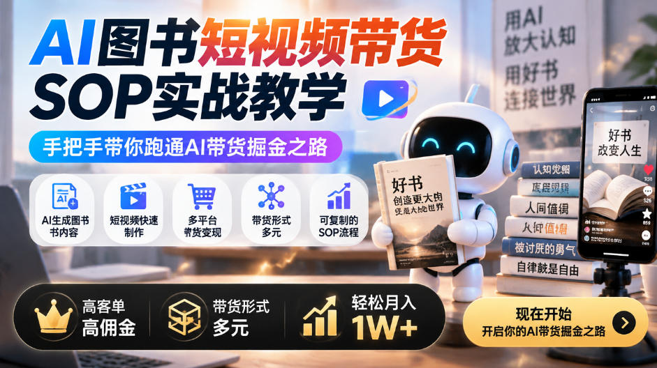 AI图书短视频带货SOP实战教学，手把手带你跑通AI带货掘金之路，高客单高佣金，带货形式多元，轻松月入1W+网赚项目-副业赚钱-互联网创业-资源整合老八网赚资源