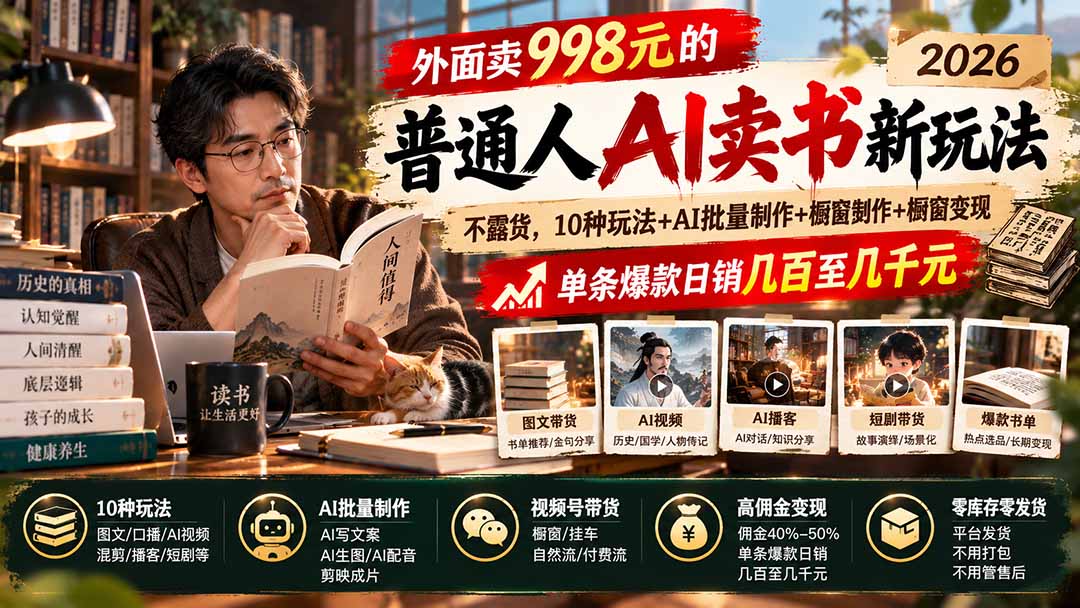 外面卖998元的2026普通人AI卖书新玩法：不露脸、不囤货，10种玩法+AI批量制作+橱窗变现，单条爆款日销几百至几千元网赚项目-副业赚钱-互联网创业-资源整合老八网赚资源