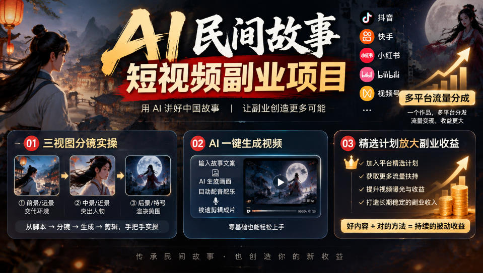 a63e52e24f6aa4ee778364241f2ca6d7.jpeg AI民间故事短视频副业项目,多平台流量分成,三视图分镜实操,精选计划放大副业收益