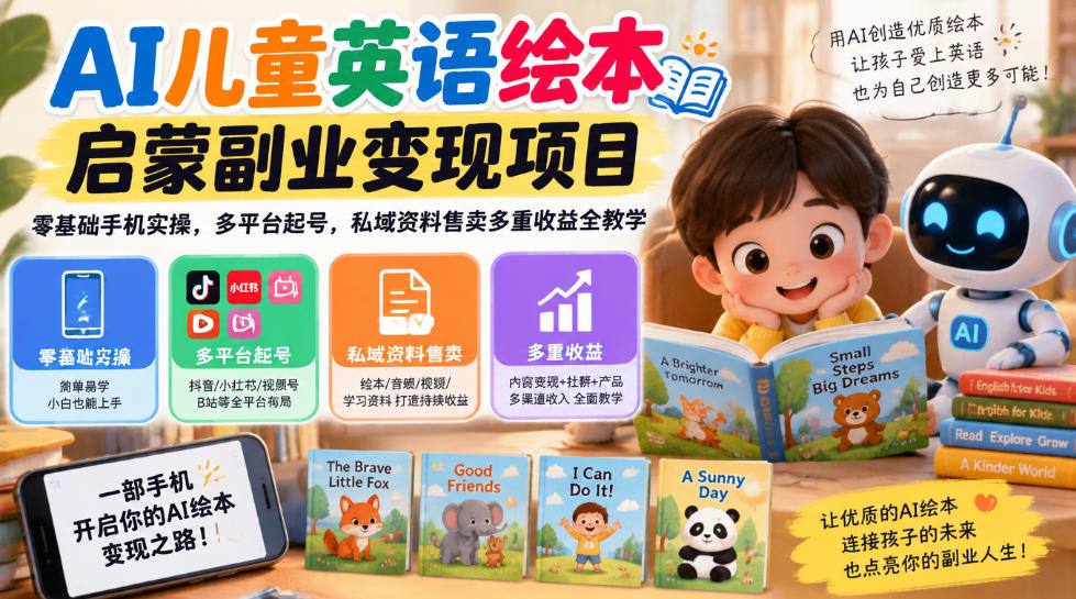 c1d551b55e605619f4ced48fc9bde373.jpeg AI儿童英语绘本启蒙副业变现项目,零基础手机实操,多平台起号,私域资料售卖多重收益全教学