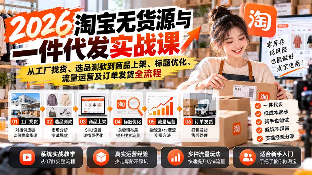 2026淘宝无货源与一件代发实战课：从工厂找货、选品测款到商品上架、标题优化、流量运营及订单发货全流程网赚项目-副业赚钱-互联网创业-资源整合老八网赚资源