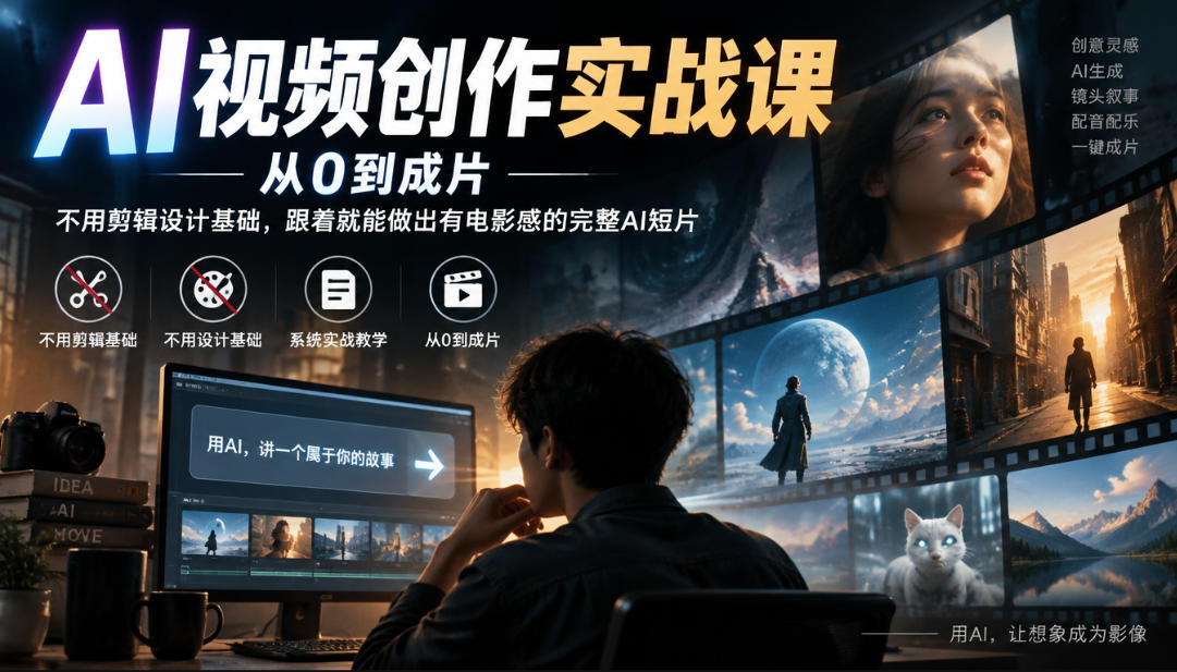 2b73ebbbffe69ad73c1d1174efbc7788.jpeg AI视频创作实战课,从0到成片,不用剪辑设计基础,跟着就能做出有电影感的完整AI短片