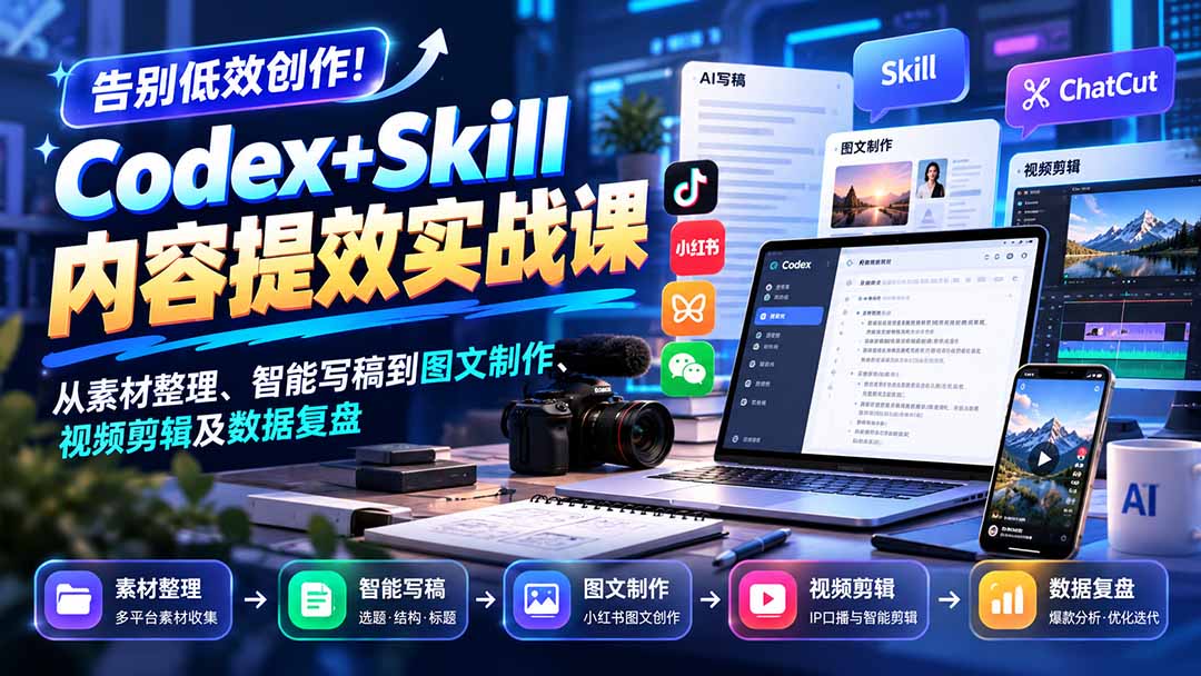 71e766f95ff6990e10704eb4c4dc2e2c.jpeg 【无水印】告别低效创作!Codex+Skill内容提效实战课:从素材整理、智能写稿到图文制作、视频剪辑及数据复盘