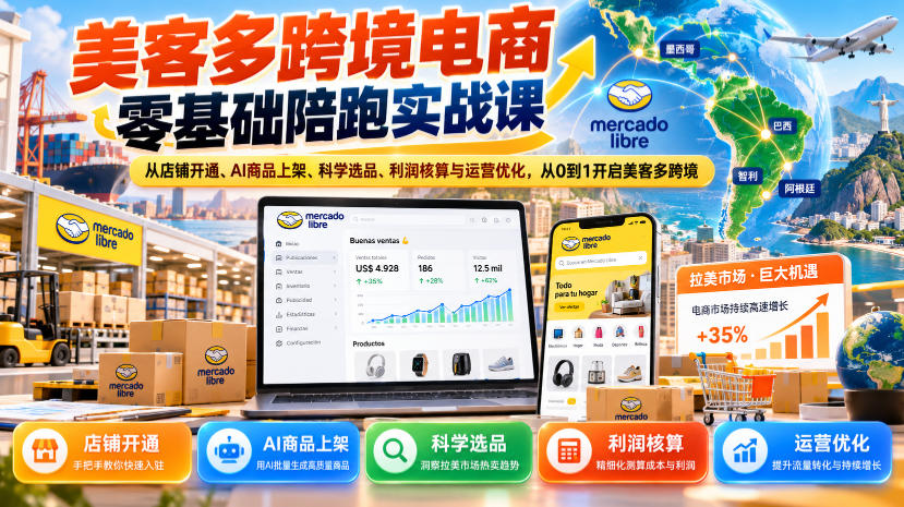 35cd2721be09c697bccdaa25ceedb280.jpeg 美客多跨境电商零基础陪跑实战课:从店铺开通、AI商品上架、科学选品、利润核算与运营优化,从0到1开启美客多跨境