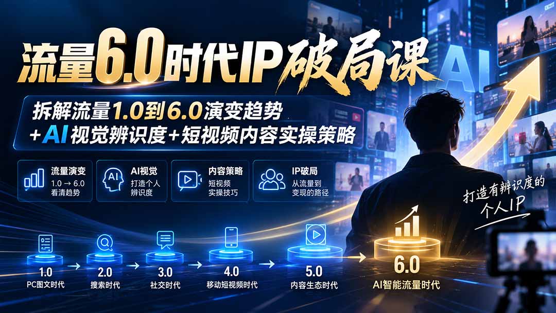 流量6.0时代IP破局课-更新：拆解流量1.0到6.0演变趋势+AI视觉辨识度+短视频内容实操策略网赚项目-副业赚钱-互联网创业-资源整合老八网赚资源