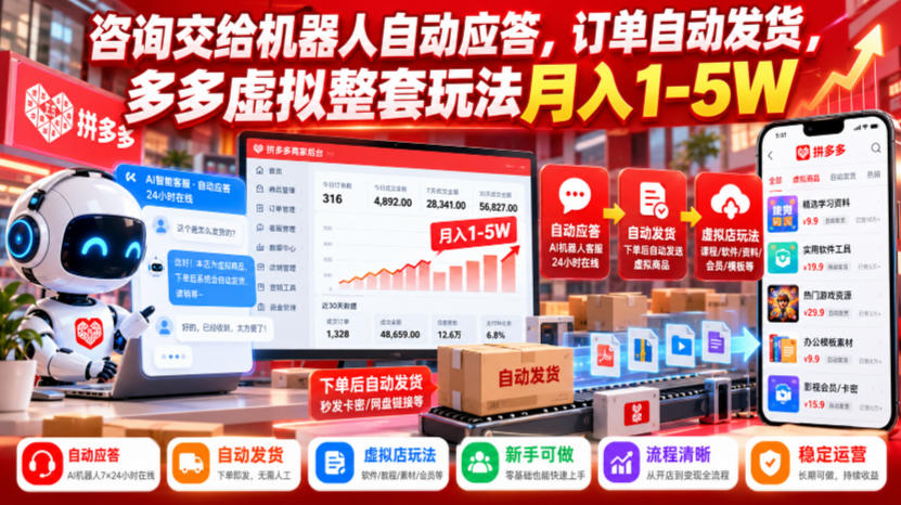 咨询交给机器人自动应答，订单自动发货，多多虚拟整套玩法月入1-5W【揭秘】网赚项目-副业赚钱-互联网创业-资源整合老八网赚资源