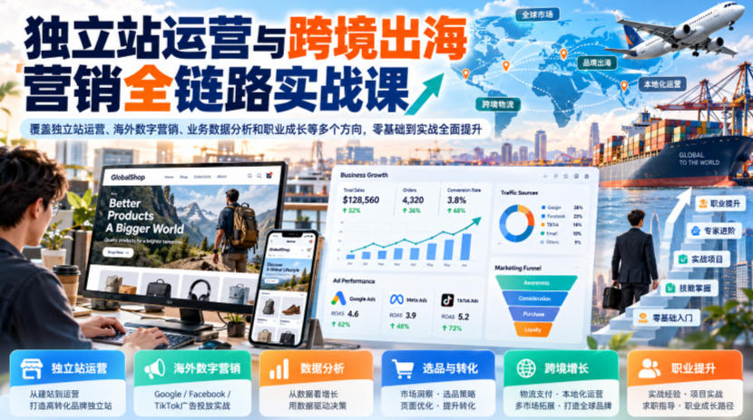 8b28986f3966f48837681bab64b64558.jpeg 独立站运营与跨境出海营销全链路实战课,覆盖独立站运营、海外数字营销、业务数据分析和职业成长等多个方向,零基础到实战全面提升