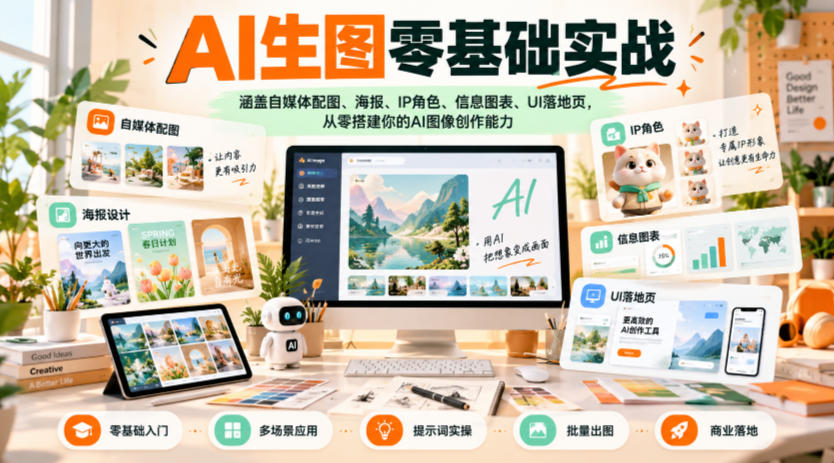 9ccbdaace34ba2fb05c2a51dbfba469a.jpeg AI生图零基础实战,涵盖自媒体配图、海报、IP角色、信息图表、UI落地页,从零搭建你的AI图像创作能力