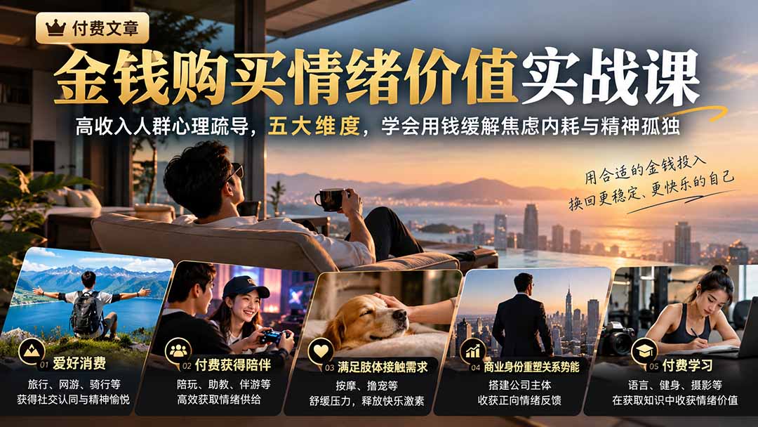 de33e86cf2ed9e17e01c1f170c59b99d.jpeg 付费文章:金钱购买情绪价值实战课|高收入人群心理疏导,五大维度,学会用钱缓解焦虑内耗与精神孤独