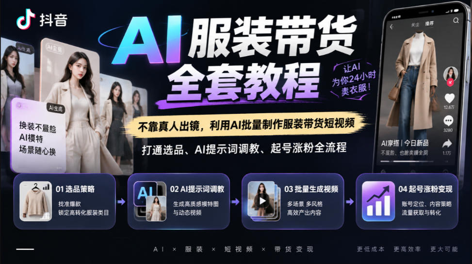 20a5e9a5662e11d41a82582d8bbb518b.jpeg 抖音AI服装带货全套教程,不靠真人出镜,利用AI批量制作服装带货短视频,打通选品、AI提示词调教、起号涨粉全流程