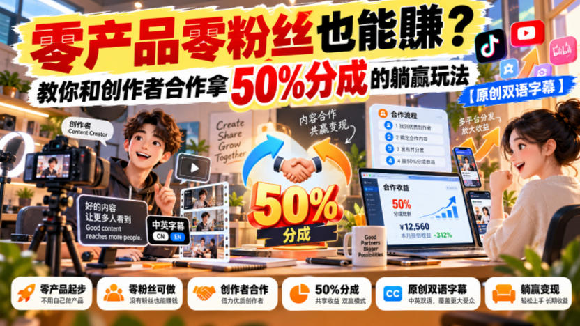4f82f8592f0c478f643eb6f9208a75ed.jpeg 【无水印】零产品零粉丝也能賺?教你和创作者合作拿50%分成的躺赢玩法【原创双语字幕】