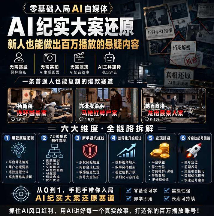 63fb70a83ee5ce353f7f681378aaae03.jpeg 抖音8W粉丝博主的AI纪实大案还原教学,新人也能做出百W播放的悬疑内容,抓住AI风口红利,用AI讲好每一个真实故事(更新1014)