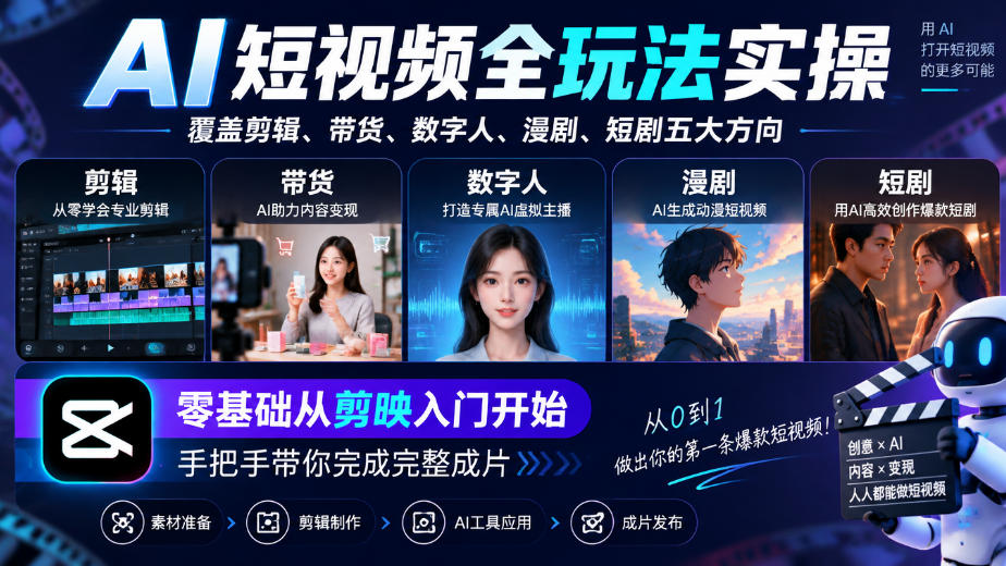 AI短视频全玩法实操，覆盖剪辑、带货、数字人、漫剧、短剧五大方向，零基础从剪映入门开始，手把手带你完成完整成片网赚项目-副业赚钱-互联网创业-资源整合老八网赚资源
