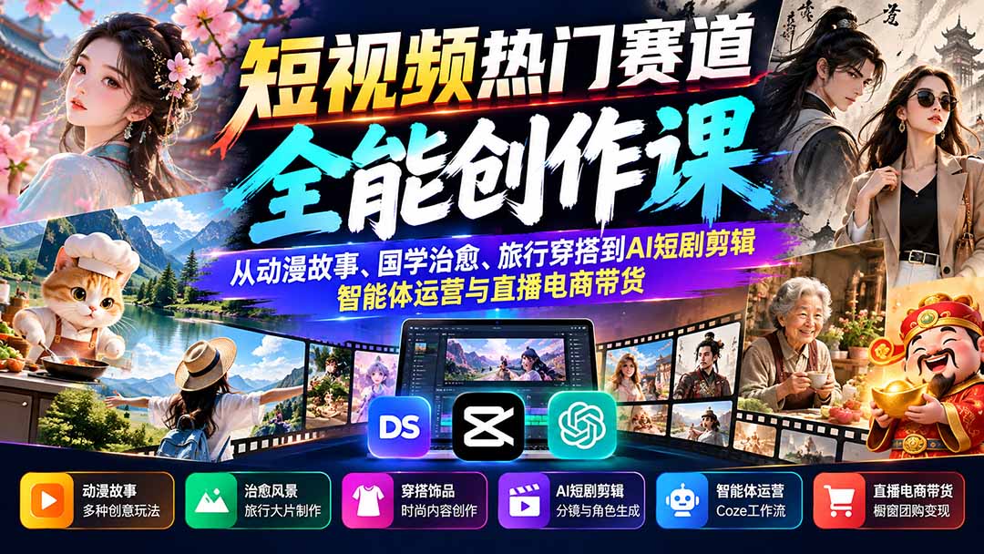 短视频热门赛道全能创作课：从动漫故事、国学治愈、旅行穿搭到AI短剧剪辑、智能体运营与直播电商带货网赚项目-副业赚钱-互联网创业-资源整合老八网赚资源