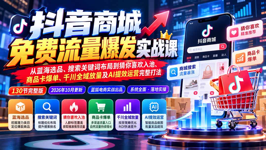 抖音商城免费流量爆发实战：从蓝海选品、搜索关键词布局到猜你喜欢入池、商品卡爆单、千川全域放量及AI提效完整打法网赚项目-副业赚钱-互联网创业-资源整合老八网赚资源