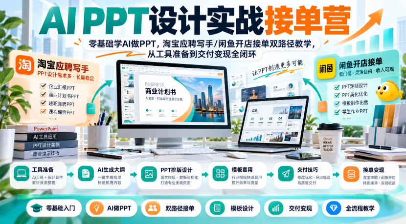 c967a746542f69b0314a6c6d0194d256.jpeg AI PPT设计实战接单营|零基础学AI做PPT,淘宝应聘写手/闲鱼开店接单双路径教学,从工具准备到交付变现全闭环