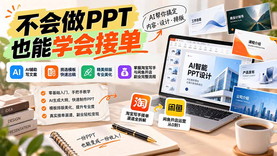 de470d1cce533da8d4a98109033c823f.jpeg 不会做PPT也能学会接单:AI辅助写文案、挑模板、做排版,掌握淘宝写手与闲鱼开店副业完整流程