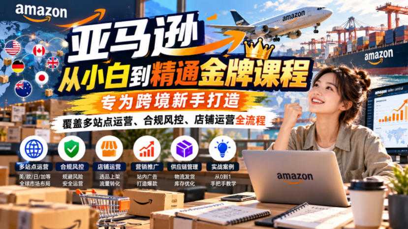 亚马逊从小白到精通金牌课程，专为跨境新手打造，覆盖多站点运营、合规风控、店铺运营全流程网赚项目-副业赚钱-互联网创业-资源整合老八网赚资源