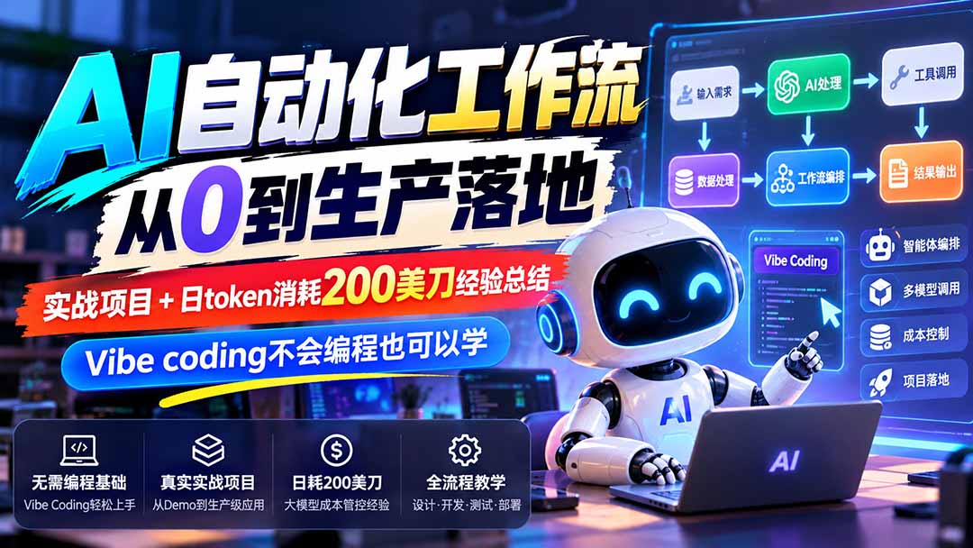 【无水印】AI自动化工作流从0到生产落地，实战项目+日token消耗200美刀经验总结，Vibe coding不会编程也可以学网赚项目-副业赚钱-互联网创业-资源整合老八网赚资源