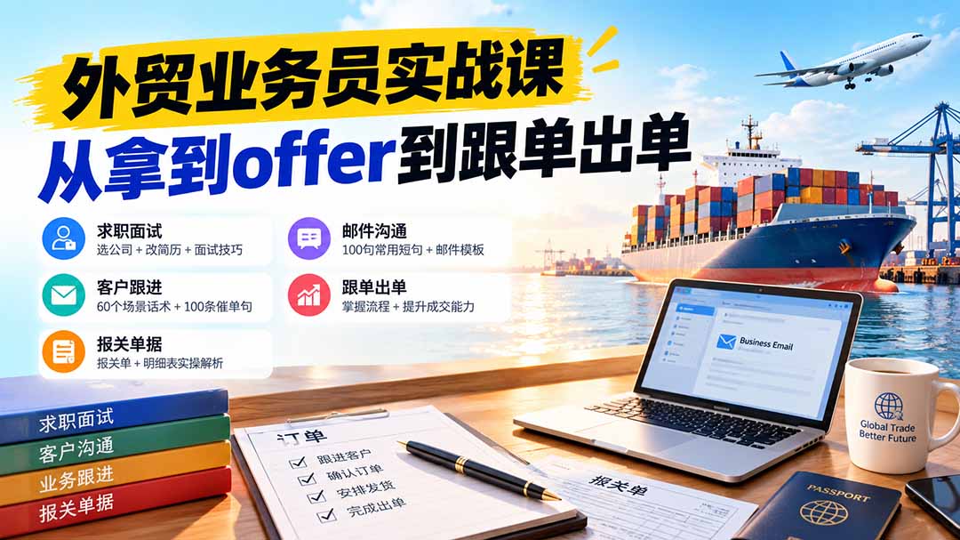 外贸业务员从求职到出单实战课：教你筛选优质公司、优化简历、应对面试、客户跟进催单及出口报关操作篇网赚项目-副业赚钱-互联网创业-资源整合老八网赚资源