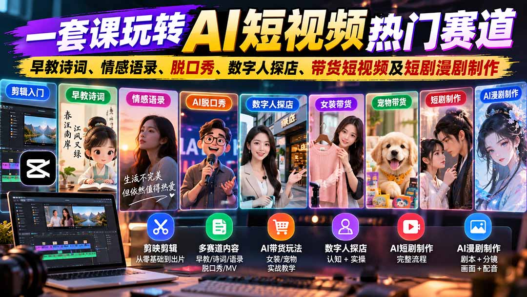 一套课玩转AI短视频热门赛道：早教诗词、情感语录、脱口秀、数字人探店、带货短视频及短剧漫剧制作  复制标题网赚项目-副业赚钱-互联网创业-资源整合老八网赚资源