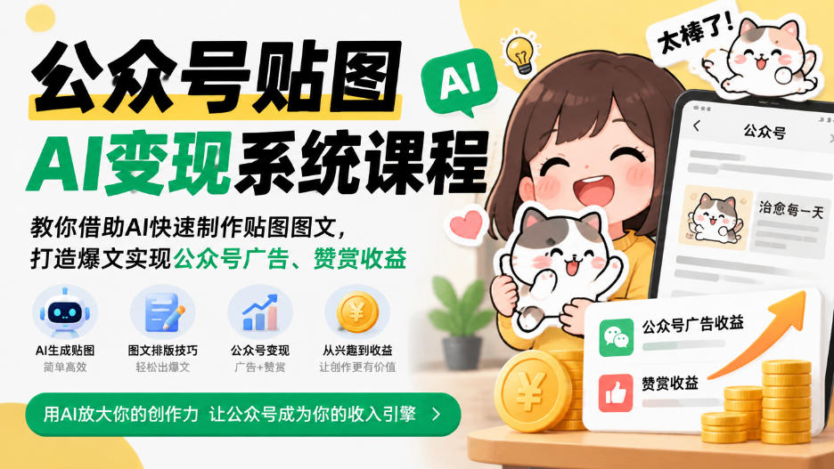 公众号贴图AI变现系统课程｜教你借助AI快速制作贴图图文，打造爆文实现公众号广告、赞赏收益网赚项目-副业赚钱-互联网创业-资源整合老八网赚资源