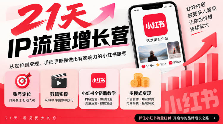 21天IP流量增长营，小红书全链路教学，账号定位剪辑实操，多模式变现系统课网赚项目-副业赚钱-互联网创业-资源整合老八网赚资源