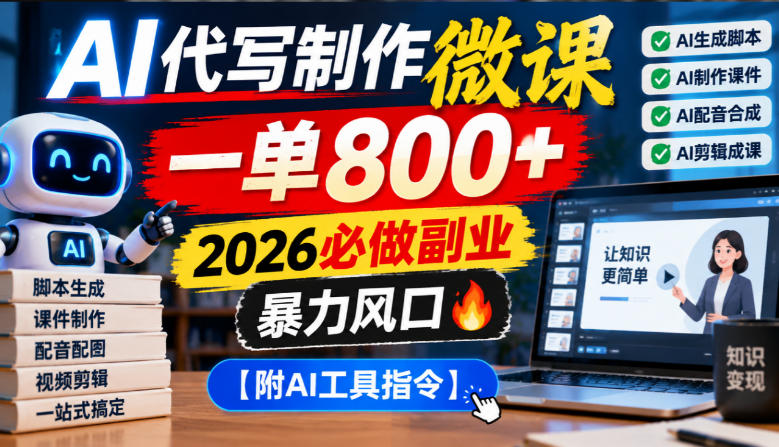 AI代写制作微课，一单800+，2026必做副业，暴力风口【附AI工具指令】【揭秘】网赚项目-副业赚钱-互联网创业-资源整合老八网赚资源