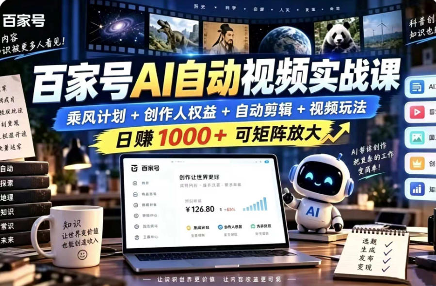 百家号自动矩阵玩法，长期可以做的项目，日入1k+，真正的睡后收入网赚项目-副业赚钱-互联网创业-资源整合老八网赚资源