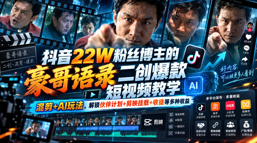 6d2df89dab517d35a912dfde015589f3.jpeg 抖音22W粉丝博主的豪哥语录二创爆款短视频教学,混剪+AI玩法,解锁伙伴计划+剪映挂载+收徒等多种收益
