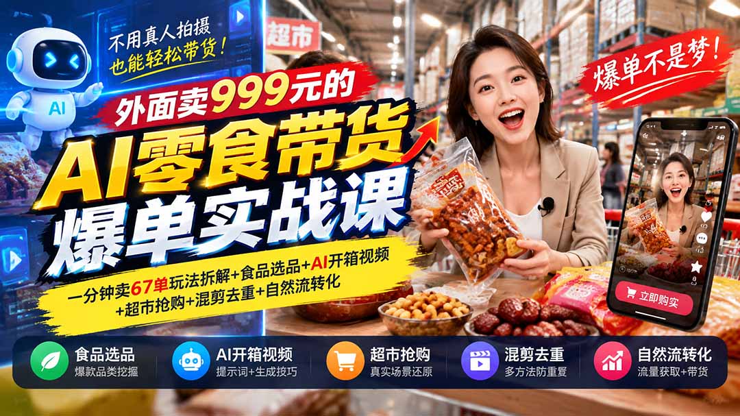 8329681726252e1b2a768e64013711a9.jpeg 外面卖999元的AI零食带货爆单实战课|一分钟卖67单玩法拆解+食品选品+AI开箱视频+超市抢购+混剪去重+自然流转化