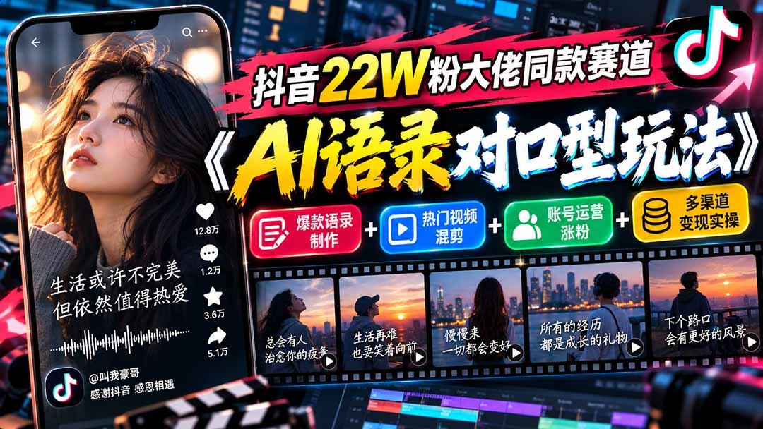 抖音22W粉大佬同款赛道《AI语录对口型玩法》：爆款语录制作+热门视频混剪+账号运营涨粉+多渠道变现实操网赚项目-副业赚钱-互联网创业-资源整合老八网赚资源