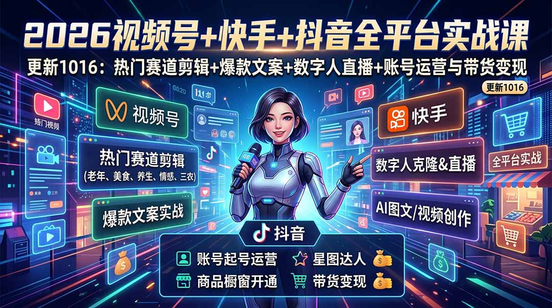 视频号+快手+抖音三大平台的全栈剪辑+数字人直播实战课-3月更新：快速实现短视频变现网赚项目-副业赚钱-互联网创业-资源整合老八网赚资源