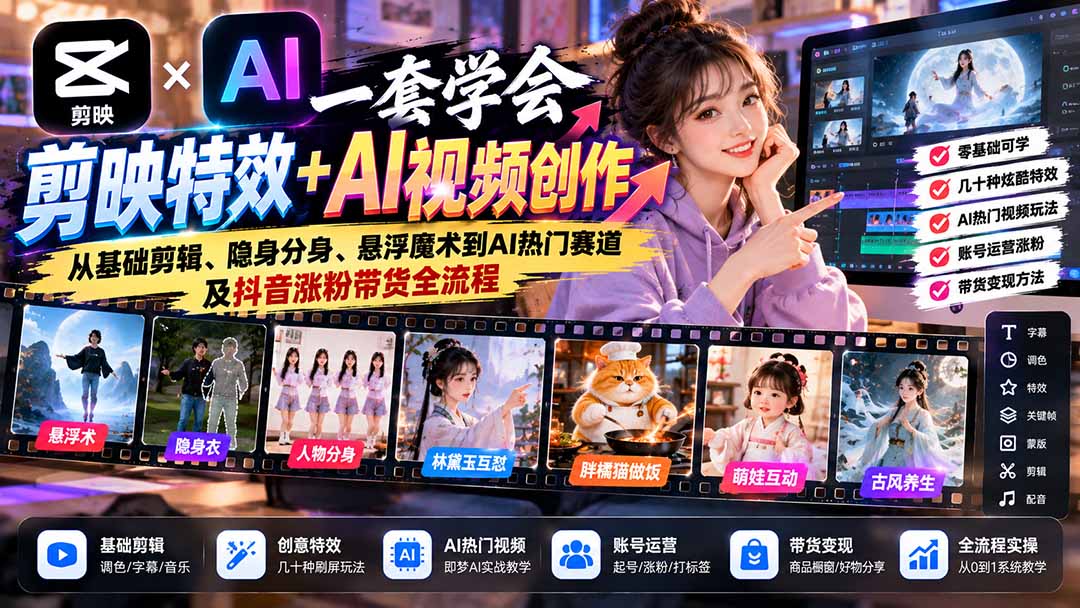 a2c28fa7edaca107d2ef115f6c38ee58.jpeg 一套学会剪映特效+AI视频创作:从基础剪辑、隐身分身、悬浮魔术到AI热门赛道及抖音涨粉带货全流程