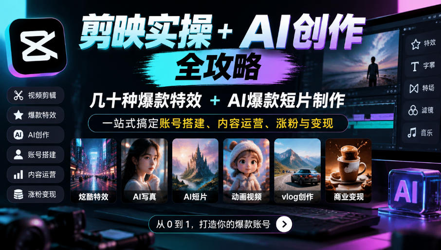 剪映实操+AI创作全攻略｜几十种爆款特效+AI爆款短片制作，一站式搞定账号搭建、内容运营、涨粉与变现网赚项目-副业赚钱-互联网创业-资源整合老八网赚资源