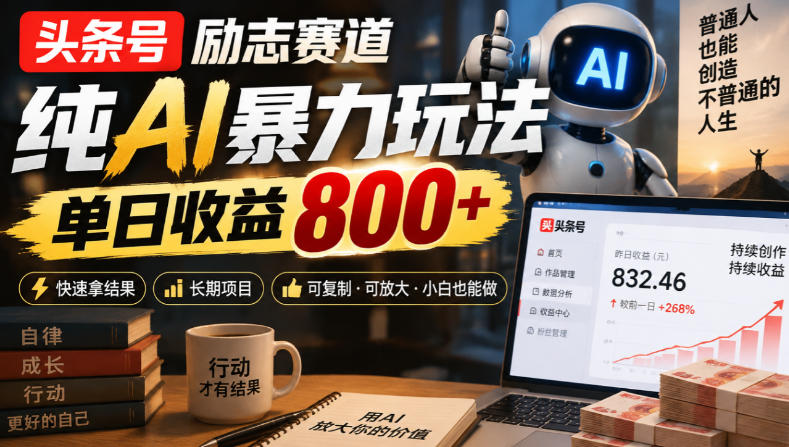 aa32955df036bbf7fcb5ae8f6f793cab.jpeg 头条号励志赛道,纯AI暴力玩法,单日收益800+,快速拿结果,长期项目