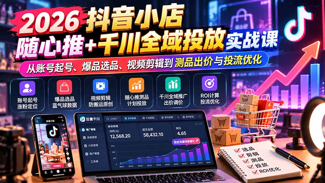 bbd59543d8dfeac7d103fb5a8619ba49.jpeg 2026抖音小店随心推+千川全域投放实战课:从账号起号、爆品选品、视频剪辑到测品出价与投流优化